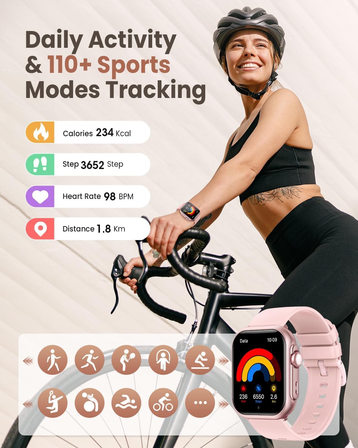 Smart Watch for Women, Bluetooth Calling, 1.83" HD Display, Heart Rate SpO₂ Sleep BP Monitor, 110+ Sports Modes, 5ATM Waterproof, 1000mAh Battery, Android & iOS Compatible