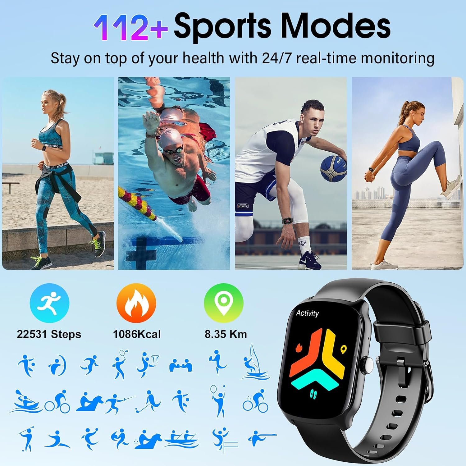 1.95" Curved HD Smart Watch for Men & Women, Bluetooth Calling, 112 Sports Modes, IP68 Waterproof, Heart Rate & Sleep Monitor, Fitness Tracker with Custom Watch Faces, GloryFit App
