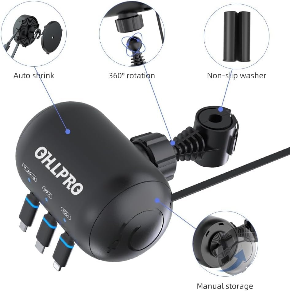 OHLPRO 3-in-1 Retractable Backseat Car Charging Station