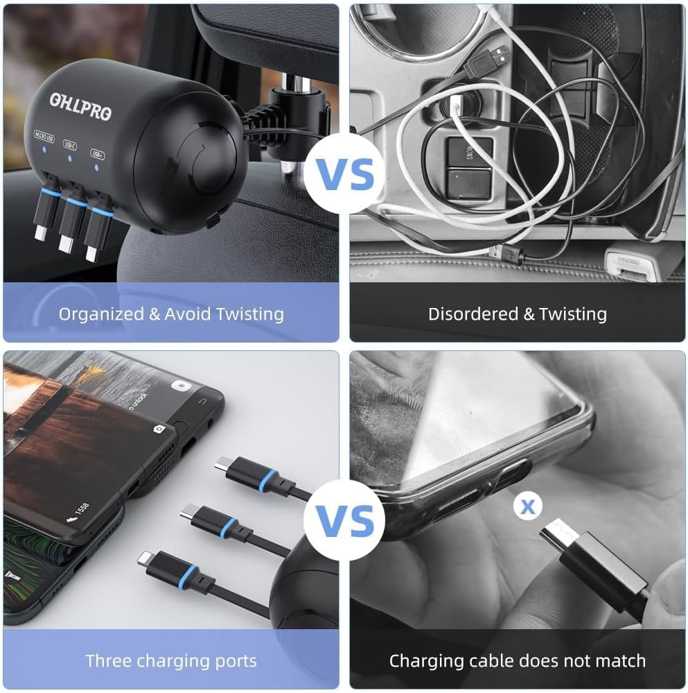 OHLPRO 3-in-1 Retractable Backseat Car Charging Station