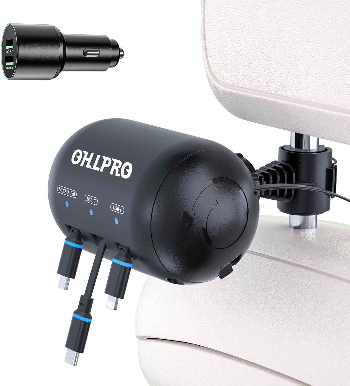 OHLPRO 3-in-1 Retractable Backseat Car Charging Station